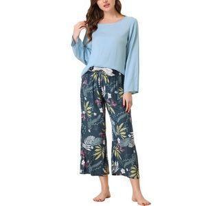 NWT! cheibear Womens 2pcs Long Sleeve Capri
Pants Floral Pajama Set Blue XS